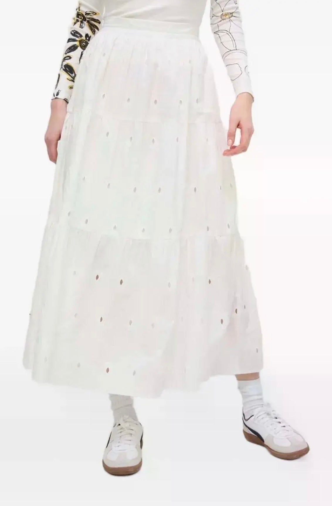 Desigual Women Eyelet Embroidered Tiered Midi Skirt White