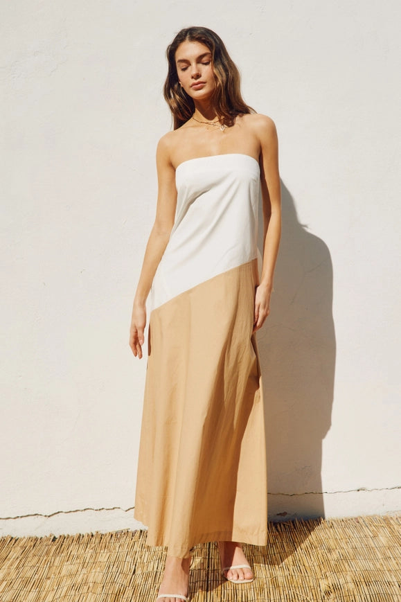 Diagonal Colorblock Strapless Drape Back Maxi Dress-Dress-Dress Forum-S-IVORY/KHAKI-Urbanheer