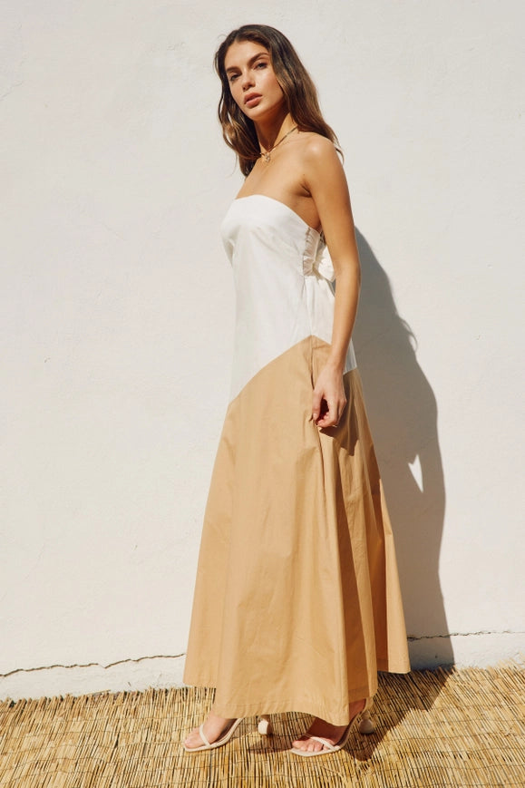 Diagonal Colorblock Strapless Drape Back Maxi Dress-Dress-Dress Forum-S-IVORY/KHAKI-Urbanheer