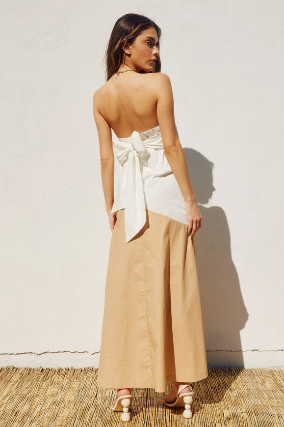 Diagonal Colorblock Strapless Drape Back Maxi Dress-Dress-Dress Forum-S-IVORY/KHAKI-Urbanheer