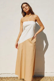 Diagonal Colorblock Strapless Drape Back Maxi Dress-Dress-Dress Forum-S-IVORY/KHAKI-Urbanheer