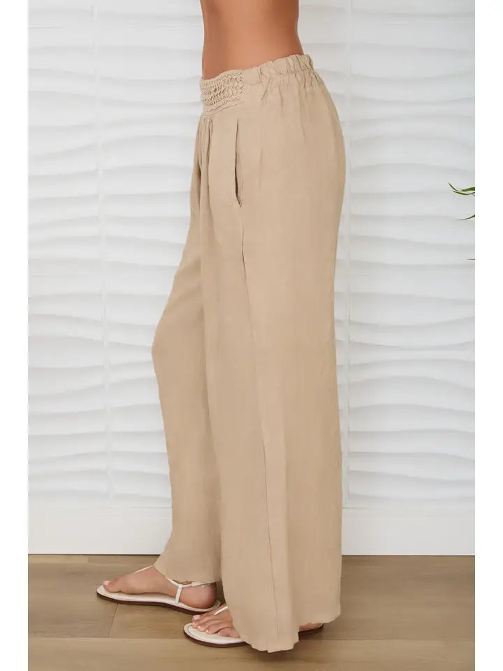 Diamond Lace Waistband Wide Leg Linen Pants Earth Beige-Pants-MILIO MILANO-XS-Earth Beige-Urbanheer