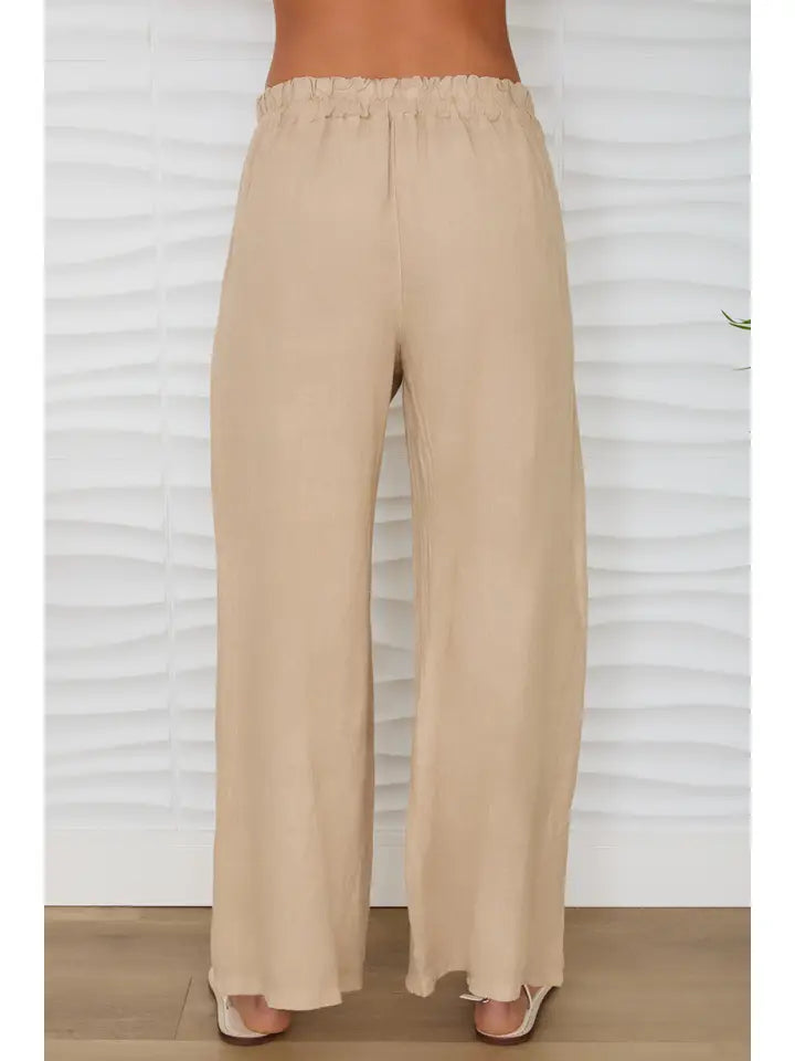 Diamond Lace Waistband Wide Leg Linen Pants Earth Beige-Pants-MILIO MILANO-XS-Earth Beige-Urbanheer