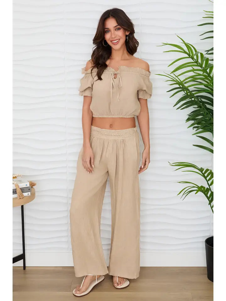 Diamond Lace Waistband Wide Leg Linen Pants Earth Beige-Pants-MILIO MILANO-XS-Earth Beige-Urbanheer