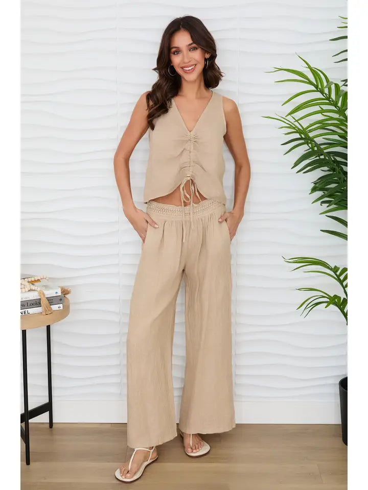 Diamond Lace Waistband Wide Leg Linen Pants Earth Beige-Pants-MILIO MILANO-XS-Earth Beige-Urbanheer