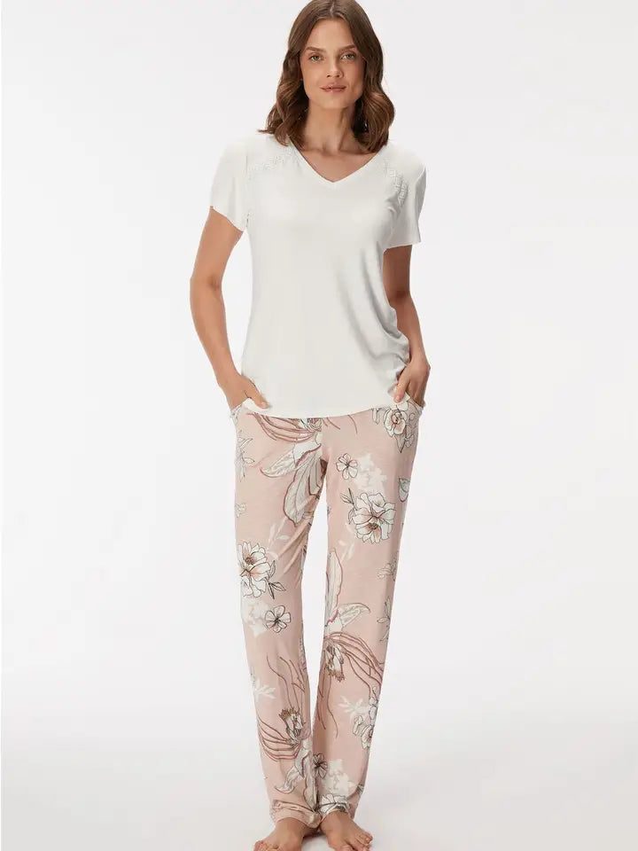 Dianthus 11396 Women's T-Shirt & Pants Set-Set-GOLDENBAY-S-Ecru-Urbanheer