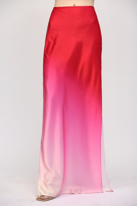 Dip Dye Drapped Back Waist w/ String Tie Maxi Skirt-Skirt-FATE-S-CREAM/MAGENTA-Urbanheer