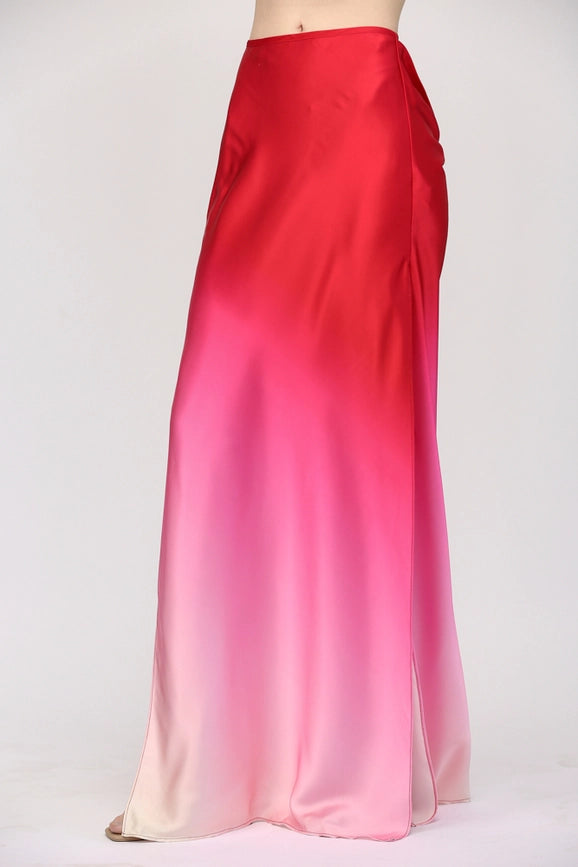 Dip Dye Drapped Back Waist w/ String Tie Maxi Skirt-Skirt-FATE-S-CREAM/MAGENTA-Urbanheer