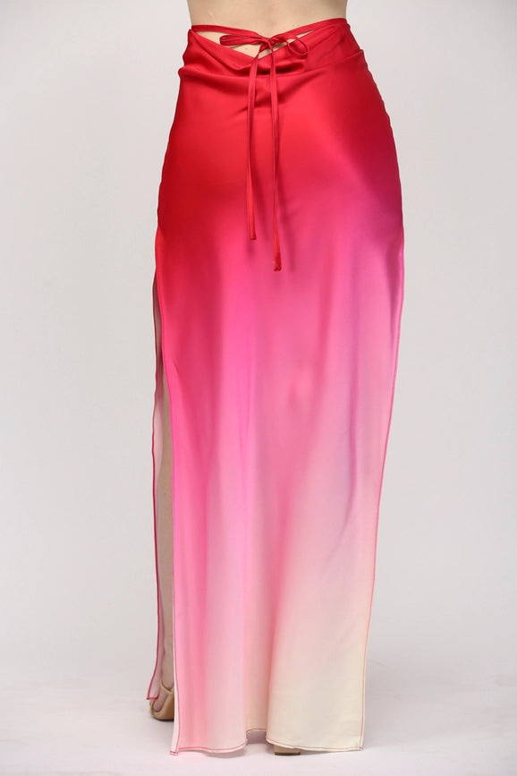Dip Dye Drapped Back Waist w/ String Tie Maxi Skirt-Skirt-FATE-S-CREAM/MAGENTA-Urbanheer