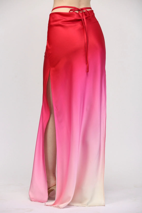 Dip Dye Drapped Back Waist w/ String Tie Maxi Skirt-Skirt-FATE-S-CREAM/MAGENTA-Urbanheer