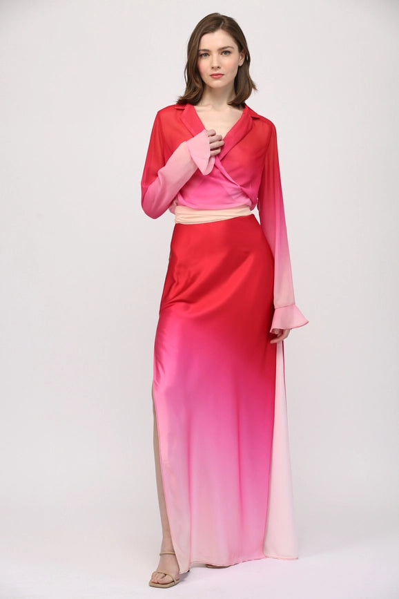 Dip Dye Drapped Back Waist w/ String Tie Maxi Skirt-Skirt-FATE-S-CREAM/MAGENTA-Urbanheer