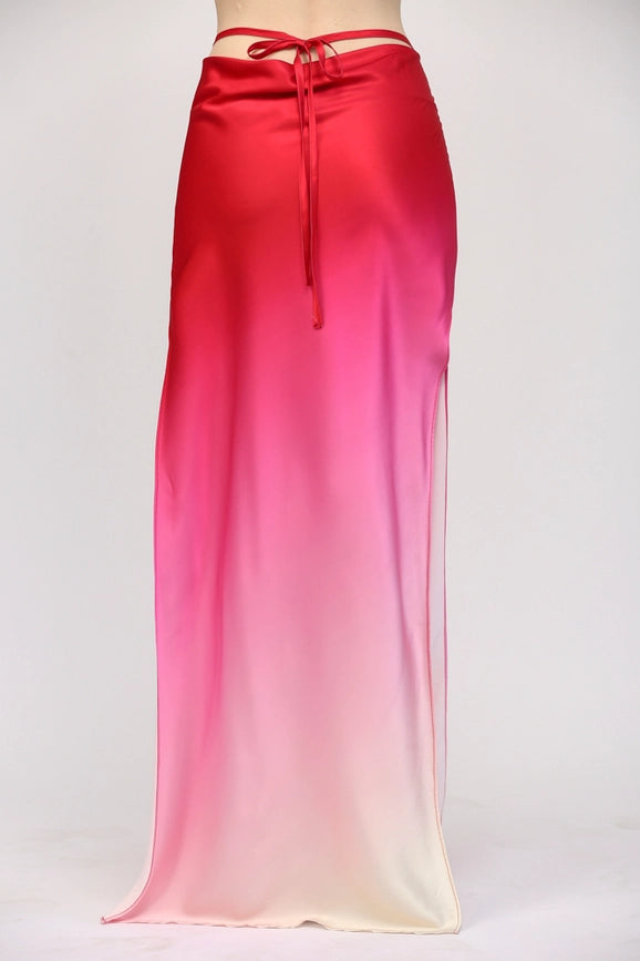 Dip Dye Drapped Back Waist w/ String Tie Maxi Skirt-Skirt-FATE-S-CREAM/MAGENTA-Urbanheer