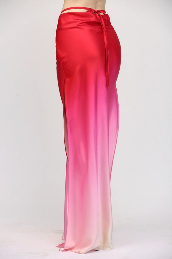 Dip Dye Drapped Back Waist w/ String Tie Maxi Skirt-Skirt-FATE-S-CREAM/MAGENTA-Urbanheer