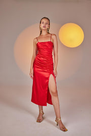 Dipsy Red Satin Strappy Slit Midi Dress-Bodycon Dresses-Buy Me Fur Ltd-Red-XS-Polyester - Elastane Blend-Urbanheer