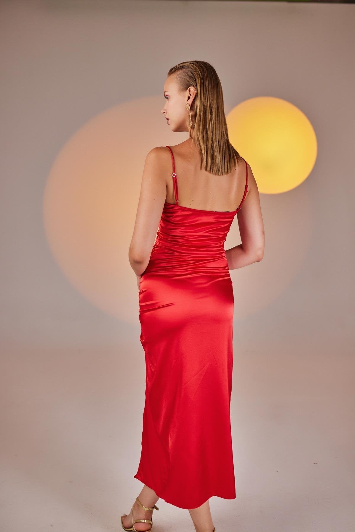 Dipsy Red Satin Strappy Slit Midi Dress-Bodycon Dresses-Buy Me Fur Ltd-Red-XS-Polyester - Elastane Blend-Urbanheer