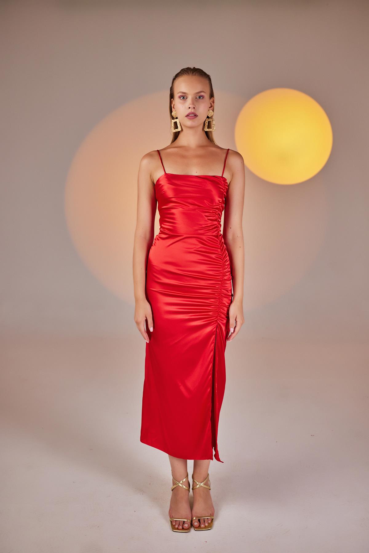 Dipsy Red Satin Strappy Slit Midi Dress-Bodycon Dresses-Buy Me Fur Ltd-Red-XS-Polyester - Elastane Blend-Urbanheer