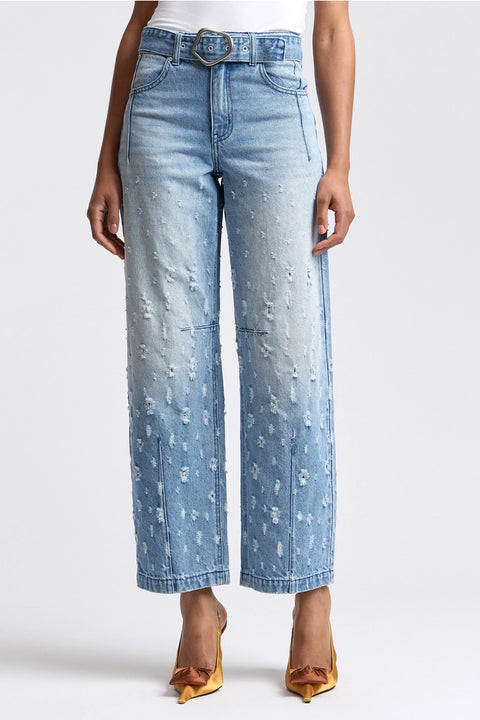 Distressed Darted Belted Wide-Leg Jeans