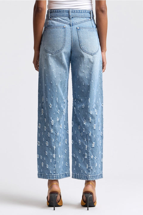 Distressed Darted Belted Wide-Leg Jeans