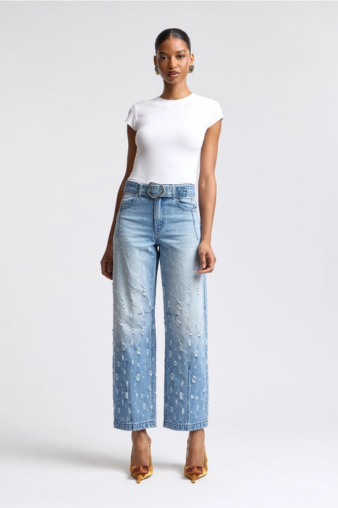 Distressed Darted Belted Wide-Leg Jeans