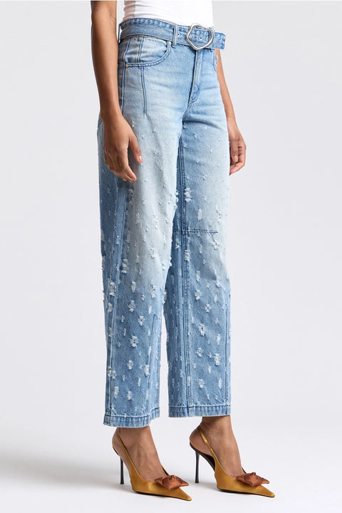 Distressed Darted Belted Wide-Leg Jeans