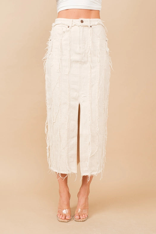 Distressed Seam Slit At Front Maxi Denim Skirt BEIGE-Skirt-Blue B-S-BEIGE-Urbanheer