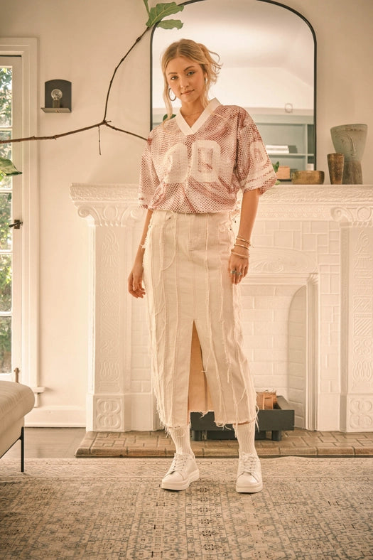 Distressed Seam Slit At Front Maxi Denim Skirt BEIGE-Skirt-Blue B-S-BEIGE-Urbanheer