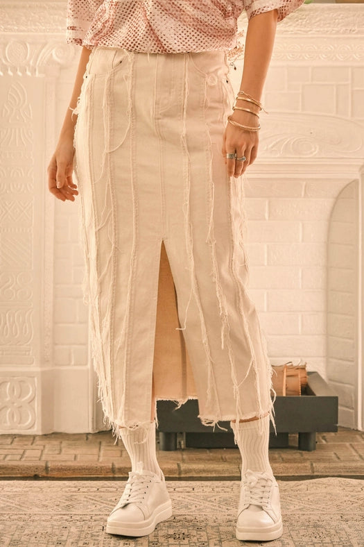 Distressed Seam Slit At Front Maxi Denim Skirt BEIGE-Skirt-Blue B-S-BEIGE-Urbanheer