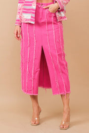 Distressed Seam Slit At Front Maxi Denim Skirt HOT PINK-Skirt-Blue B-S-HOT PINK-Urbanheer