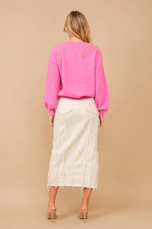Distressed Seam Slit At Front Maxi Denim Skirt HOT PINK-Skirt-Blue B-S-HOT PINK-Urbanheer
