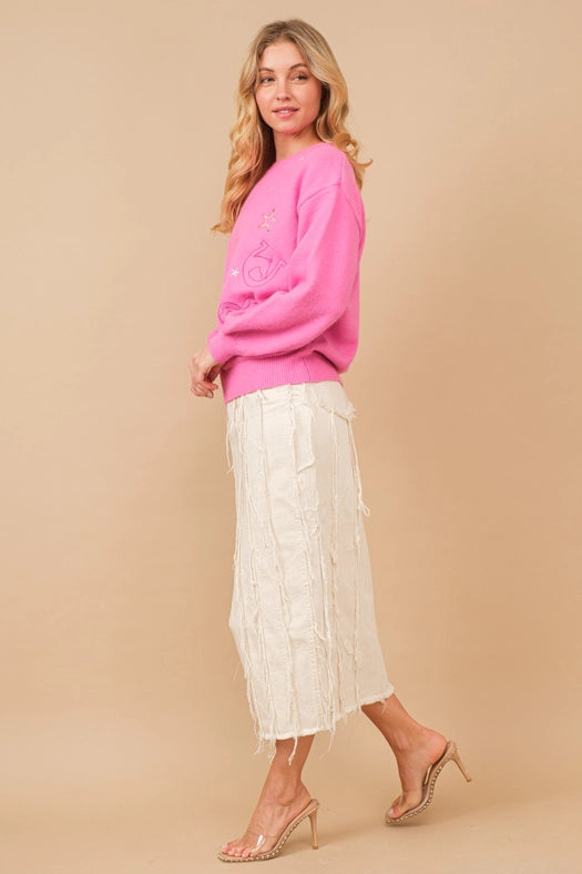 Distressed Seam Slit At Front Maxi Denim Skirt HOT PINK-Skirt-Blue B-S-HOT PINK-Urbanheer