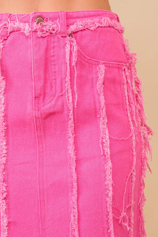 Distressed Seam Slit At Front Maxi Denim Skirt HOT PINK-Skirt-Blue B-S-HOT PINK-Urbanheer