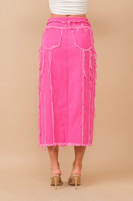 Distressed Seam Slit At Front Maxi Denim Skirt HOT PINK-Skirt-Blue B-S-HOT PINK-Urbanheer