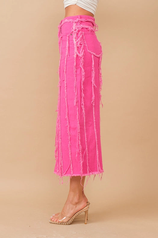 Distressed Seam Slit At Front Maxi Denim Skirt HOT PINK-Skirt-Blue B-S-HOT PINK-Urbanheer