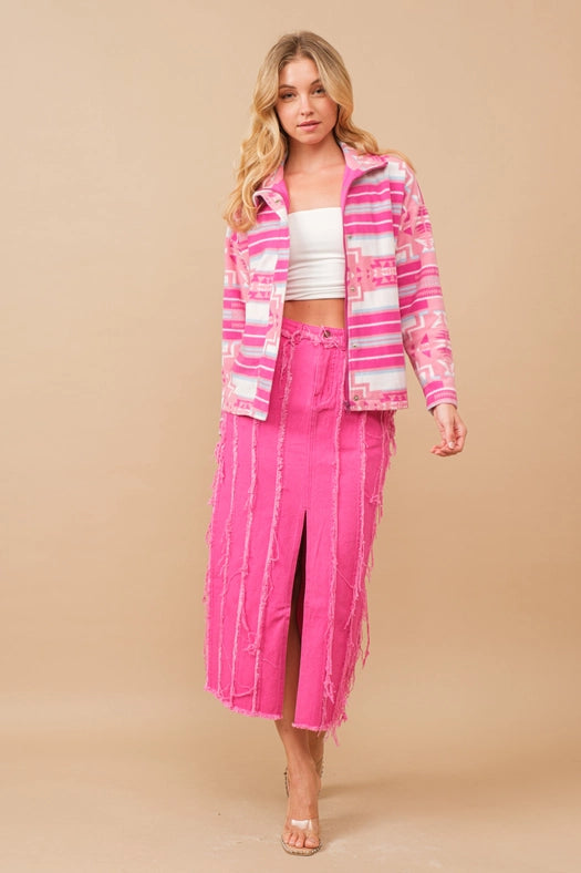 Distressed Seam Slit At Front Maxi Denim Skirt HOT PINK-Skirt-Blue B-S-HOT PINK-Urbanheer