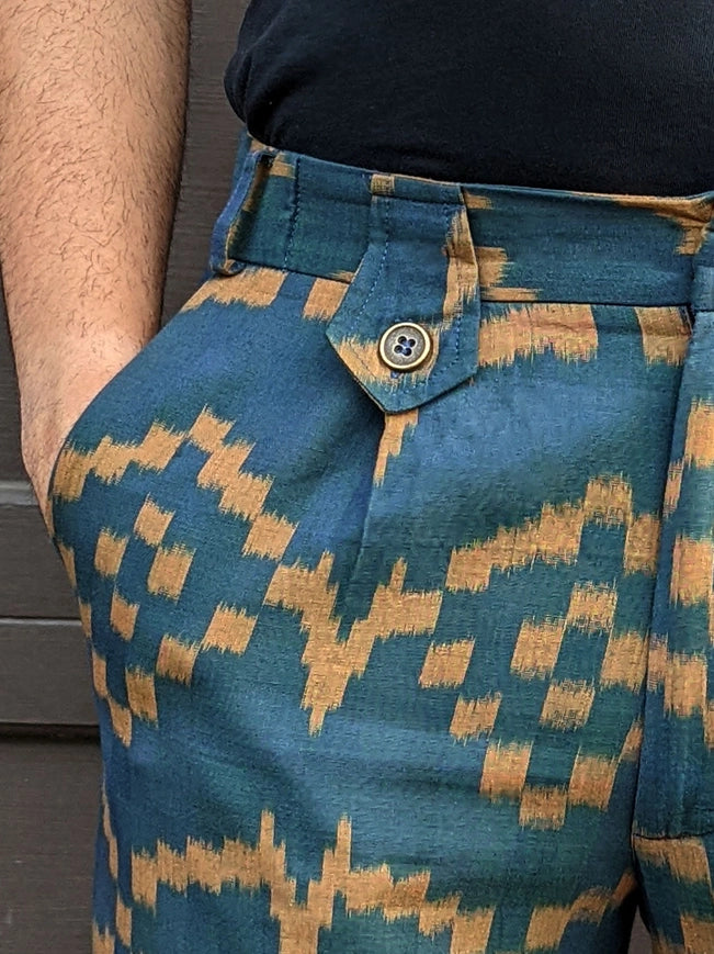 Disturbia - Teal Blue Slim Fit Handwoven Ikat Pants-Pants-Pali-XS-Urbanheer