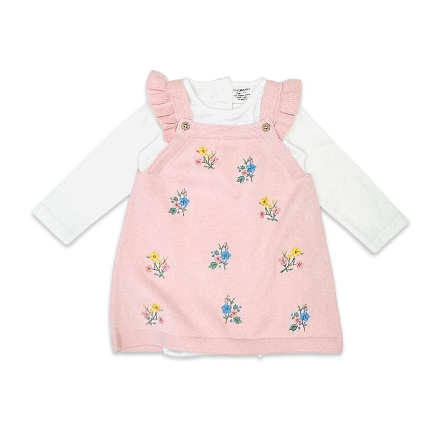 Ditsy Floral Embroidered Tunic Baby Knit Dress Set (Organic)-Set-Viverano Organics-0-3M-Blush Pink-Urbanheer