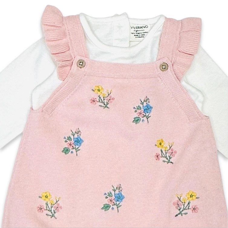 Ditsy Floral Embroidered Tunic Baby Knit Dress Set (Organic)-Set-Viverano Organics-0-3M-Blush Pink-Urbanheer