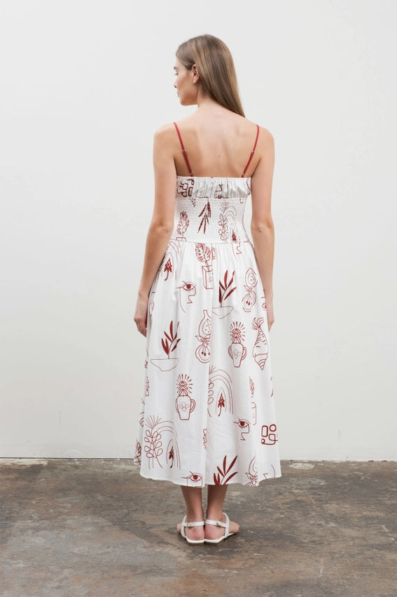 Doodle Print Smocked Detail Midi Dress-Dress-Moon River-XS-IVORY MULTI-Urbanheer