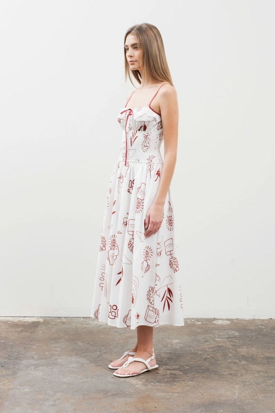 Doodle Print Smocked Detail Midi Dress-Dress-Moon River-XS-IVORY MULTI-Urbanheer