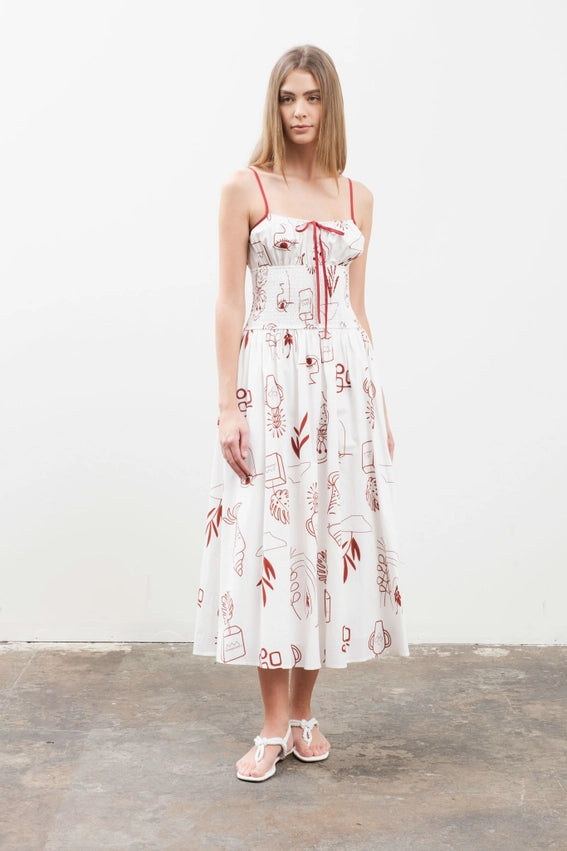 Doodle Print Smocked Detail Midi Dress-Dress-Moon River-XS-IVORY MULTI-Urbanheer