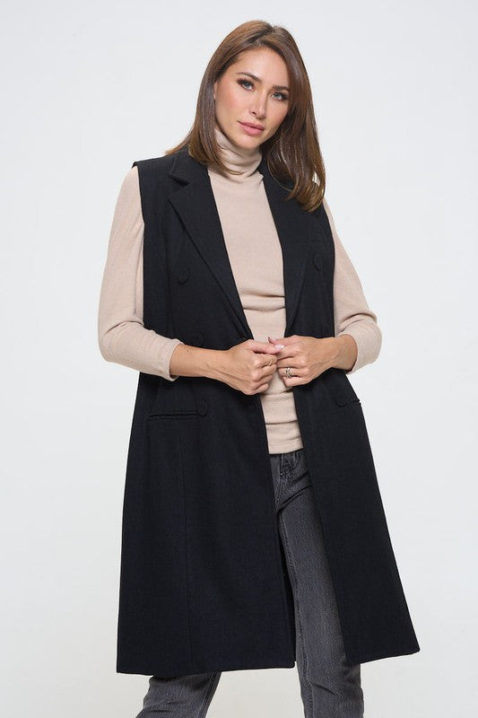 Double Breast Detail Sleeveless Coat with Collar-Jacket/Vests-Reneecollection-Small-BLACK-Urbanheer