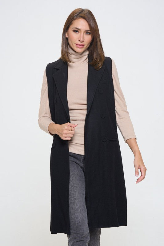 Double Breast Detail Sleeveless Coat with Collar-Jacket/Vests-Reneecollection-Small-BLACK-Urbanheer