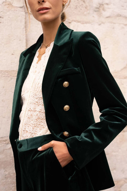 Double-Breasted Velvet Jacket with Gold Buttons Bottle Green