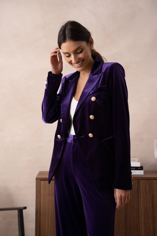Double-Breasted Velvet Jacket with Gold Buttons Purple