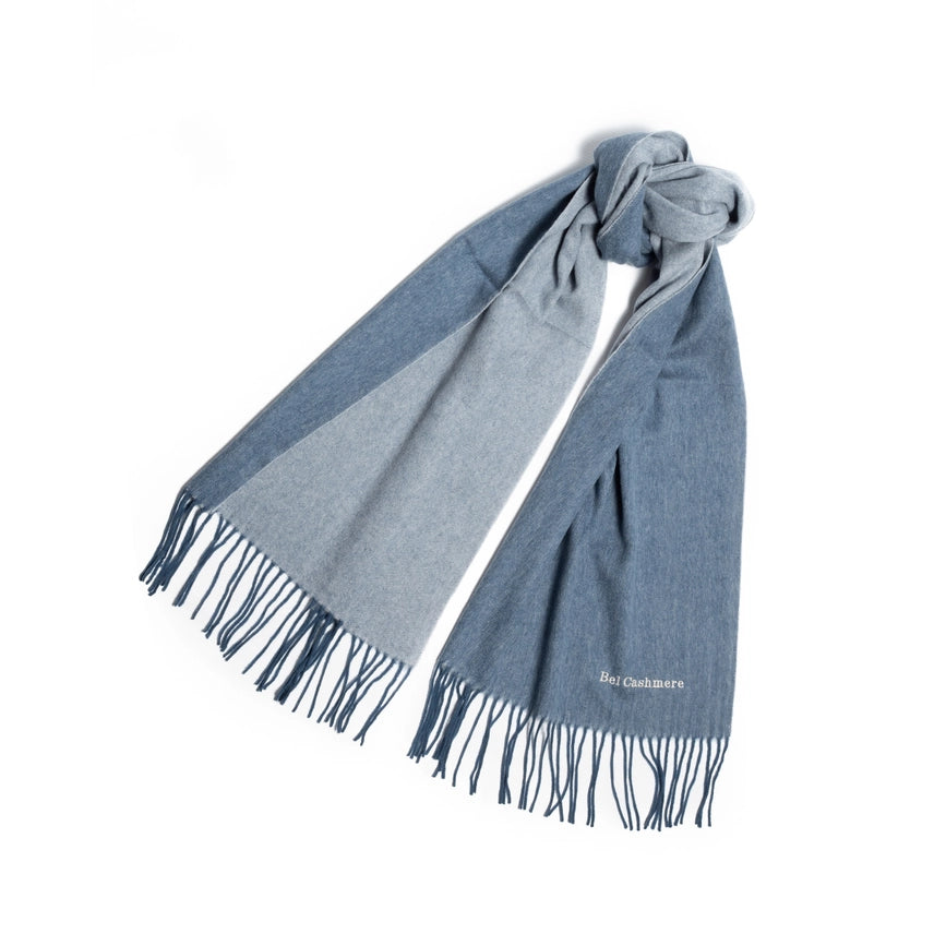 Double Face Cashmere Scarf with Fringes Blue And Cream-Scarf-Bel Cashmere S.C.-170 (+10 cms fringes each side) x 30 cms-Urbanheer