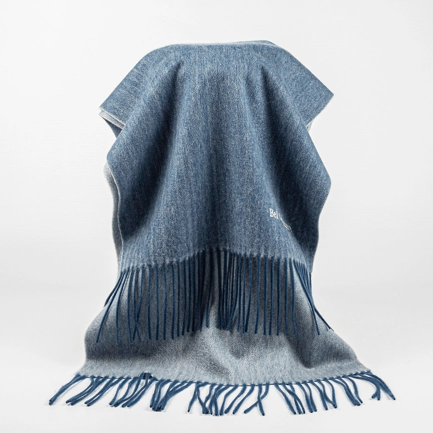 Double Face Cashmere Scarf with Fringes Blue And Cream-Scarf-Bel Cashmere S.C.-170 (+10 cms fringes each side) x 30 cms-Urbanheer