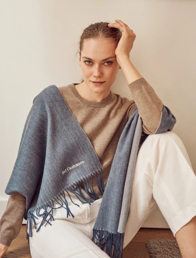 Double Face Cashmere Scarf with Fringes Blue And Cream-Scarf-Bel Cashmere S.C.-170 (+10 cms fringes each side) x 30 cms-Urbanheer