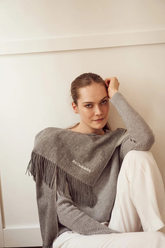 Double Face Cashmere Scarf with Fringes Grey and Cream-Scarf-Bel Cashmere S.C.-170 (+10 cms fringes each side) x 30 cms-Urbanheer