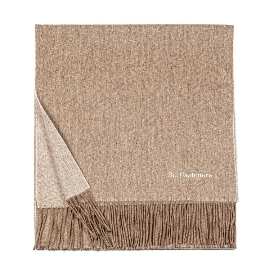 Double Face Cashmere Scarf with Fringes Organic Brown And Cream-Scarf-Bel Cashmere S.C.-170 (+10 cms fringes each side) x 30 cms-Urbanheer