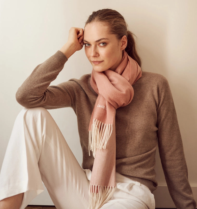 Double Face Cashmere Scarf with Fringes Pink And Cream-Scarf-Bel Cashmere S.C.-170 (+10 cms fringes each side) x 30 cms-Urbanheer